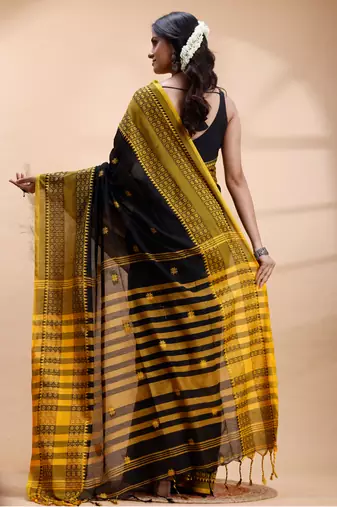 Black handloom saree with yellow traditional border & intricate weaving design