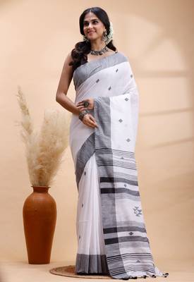 White & black handloom saree with minimalist woven motifs and classic contrast border 2