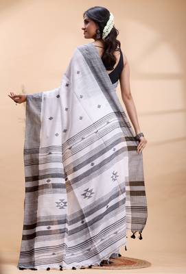 White & black handloom saree with minimalist woven motifs and classic contrast border 3