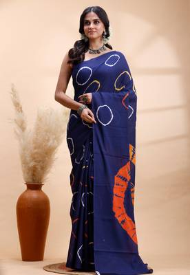 Ink blue malmal cotton saree with artistic tie-dye circles & vibrant handcrafted patterns 2