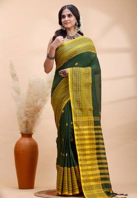 Dark green handloom cotton saree with yellow traditional border & intricate weaving design 1