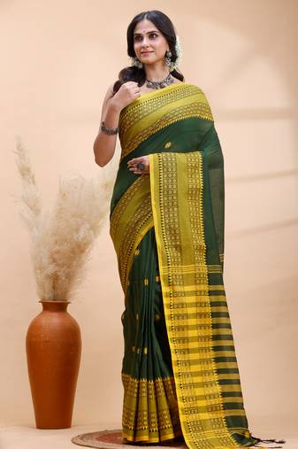 Dark green handloom cotton saree with yellow traditional border & intricate weaving design