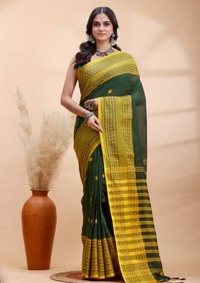 Dark green handloom cotton saree with yellow traditional border & intricate weaving design 2