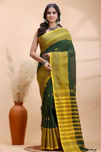 Dark green handloom cotton saree with yellow traditional border & intricate weaving design