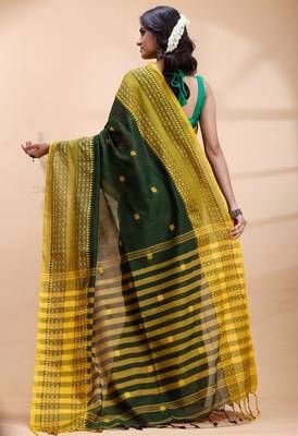 Dark green handloom cotton saree with yellow traditional border & intricate weaving design 3