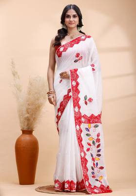 White & red handloom saree with intricate applique work and floral artistic border 1