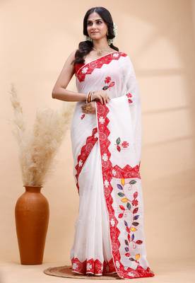 White & red handloom saree with intricate applique work and floral artistic border 2