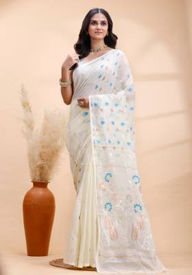 Ivory handloom cotton saree with delicate blue and golden floral buti and artistic woven pallu 2