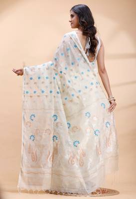 Ivory handloom cotton saree with delicate blue and golden floral buti and artistic woven pallu 3