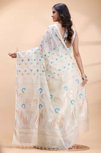 Ivory handloom cotton saree with delicate blue and golden floral buti and artistic woven pallu