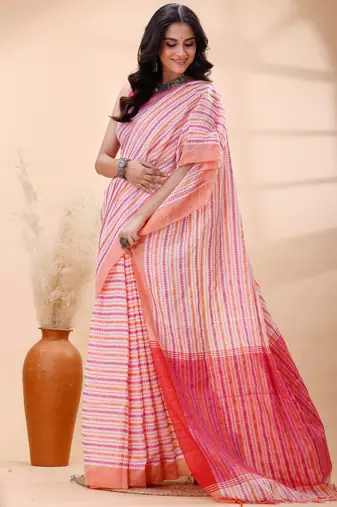 White handloom cotton saree with pink and orange fine striped weave and traditional border