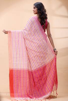 White handloom cotton saree with pink and orange fine striped weave and traditional border 3