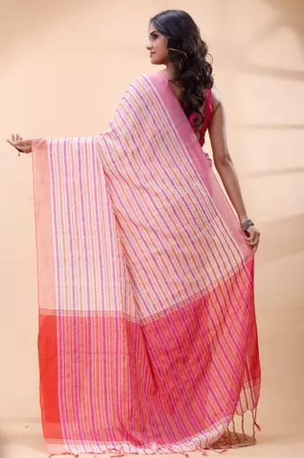 White handloom cotton saree with pink and orange fine striped weave and traditional border