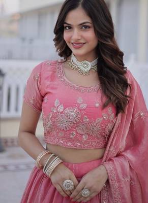 Womens New Stylish Fendi Silk With Heavy Sequins & Zari Thread Embroidered work Lehenga Choli 3