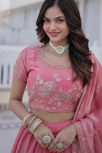 Womens New Stylish Fendi Silk With Heavy Sequins & Zari Thread Embroidered work Lehenga Choli