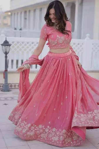 Womens New Stylish Fendi Silk With Heavy Sequins & Zari Thread Embroidered work Lehenga Choli
