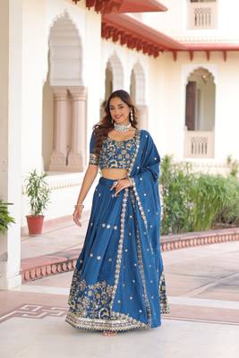 Womens New  Elegent  Vichitra Silk With Heavy Sequins & Thread Embroidered Work Lehenga Choli 1