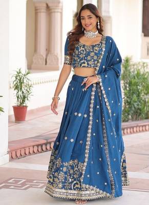 Womens New  Elegent  Vichitra Silk With Heavy Sequins & Thread Embroidered Work Lehenga Choli 2
