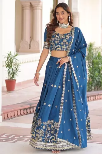 Womens New  Elegent  Vichitra Silk With Heavy Sequins & Thread Embroidered Work Lehenga Choli