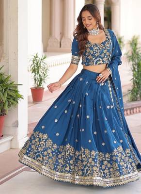 Womens New  Elegent  Vichitra Silk With Heavy Sequins & Thread Embroidered Work Lehenga Choli 4
