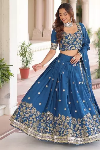 Womens New  Elegent  Vichitra Silk With Heavy Sequins & Thread Embroidered Work Lehenga Choli