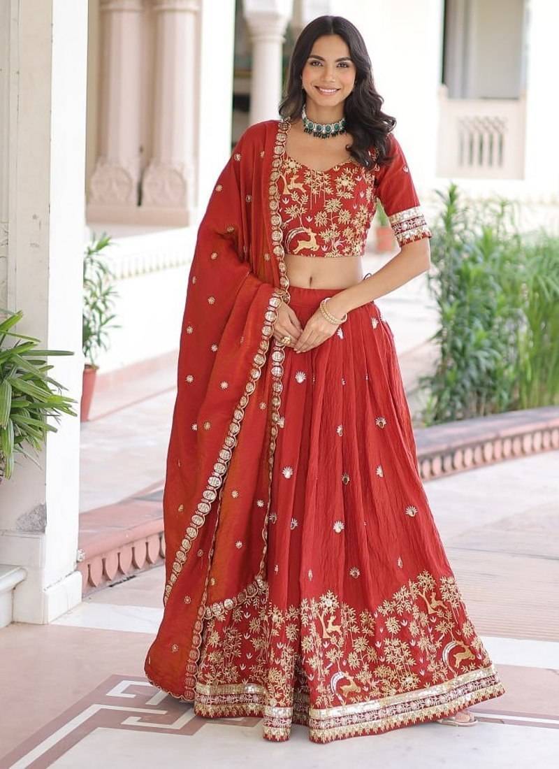 Womens New  Elegent  Vichitra Silk With Heavy Sequins & Thread Embroidered Work Lehenga Choli