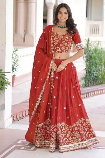 Womens Elegent Vichitra Silk With Heavy Sequins & Thread Embroidered Work Lehenga Choli