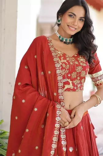 Womens Elegent Vichitra Silk With Heavy Sequins & Thread Embroidered Work Lehenga Choli