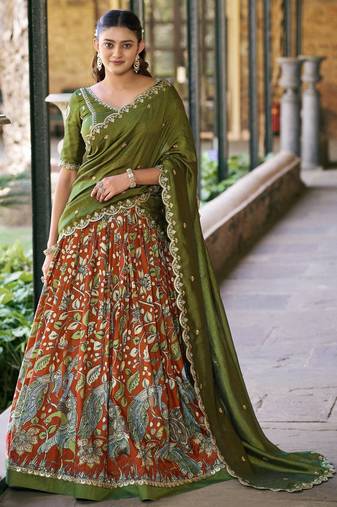Printed Tussar Silk Lehenga Choli with Intricate Lace Work