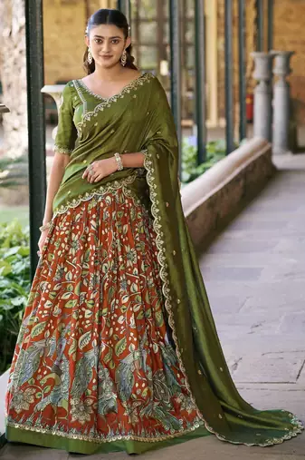 Printed Tussar Silk Lehenga Choli with Intricate Lace Work