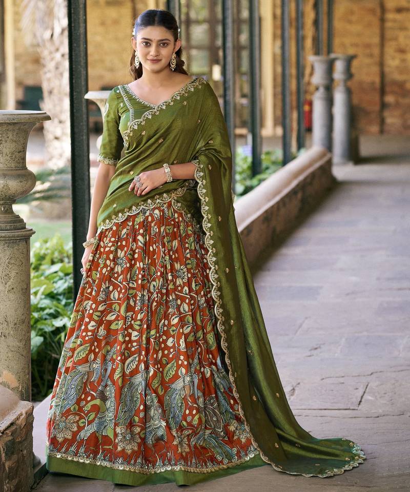 Printed Tussar Silk Lehenga Choli with Intricate Lace Work
