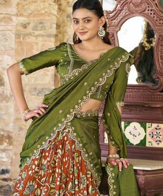 Printed Tussar Silk Lehenga Choli with Intricate Lace Work 2