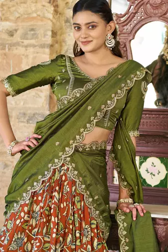 Printed Tussar Silk Lehenga Choli with Intricate Lace Work