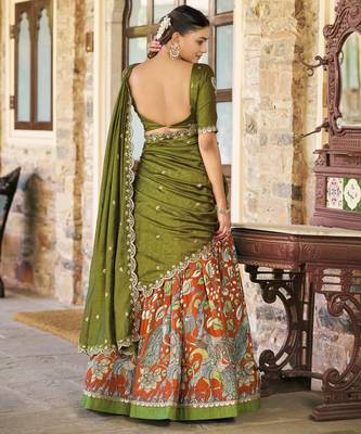 Printed Tussar Silk Lehenga Choli with Intricate Lace Work 3
