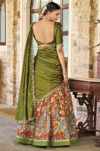Printed Tussar Silk Lehenga Choli with Intricate Lace Work