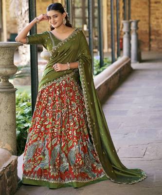 Printed Tussar Silk Lehenga Choli with Intricate Lace Work 4