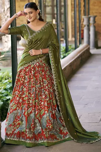 Printed Tussar Silk Lehenga Choli with Intricate Lace Work
