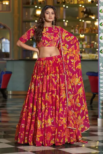 Women's Marble Floral Print Flared Lehenga Choli Set