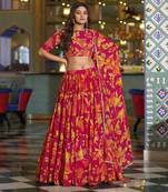 Women's Marble Floral Print Flared Lehenga Choli Set