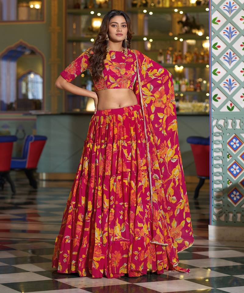 Women's Marble Floral Print Flared Lehenga Choli Set