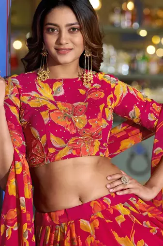 Women's Marble Floral Print Flared Lehenga Choli Set