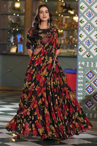 Women's Marble Floral Print Flared Lehenga Choli Set