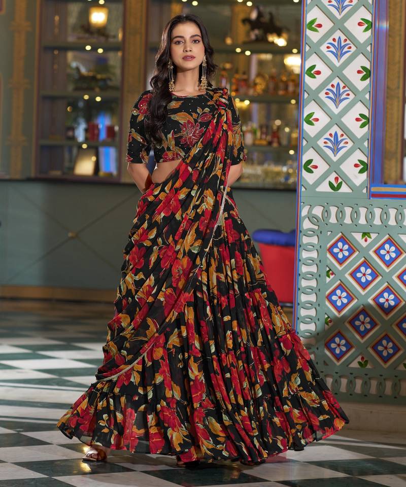 Women's Marble Floral Print Flared Lehenga Choli Set