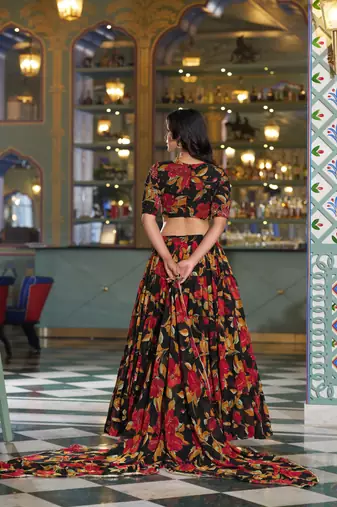 Women's Marble Floral Print Flared Lehenga Choli Set