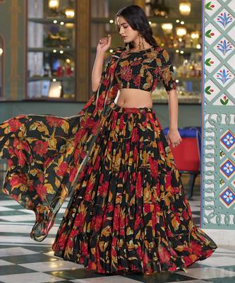 Women's Marble Floral Print Flared Lehenga Choli Set 4