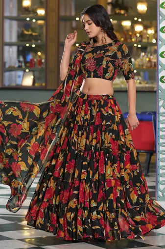 Women's Marble Floral Print Flared Lehenga Choli Set