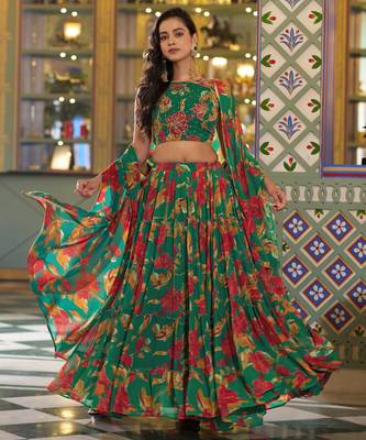 Women's Marble Floral Print Flared Lehenga Choli Set 1