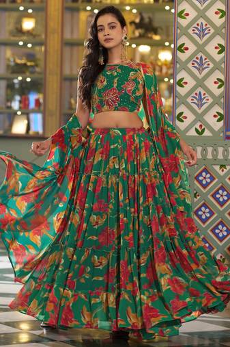 Women's Marble Floral Print Flared Lehenga Choli Set