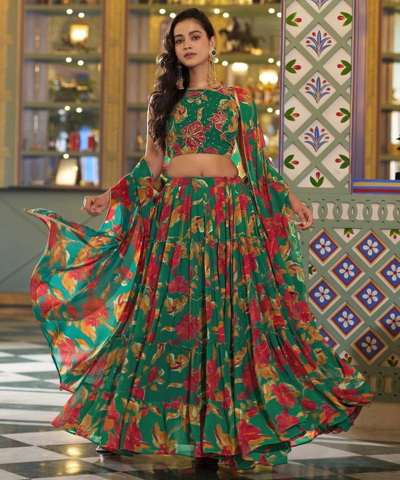 Women's Marble Floral Print Flared Lehenga Choli Set