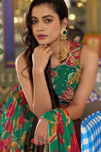 Women's Marble Floral Print Flared Lehenga Choli Set